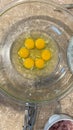Six raw eggs with unbroken yolk in a clear bowl Royalty Free Stock Photo