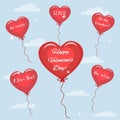 Six red balloon with the text of congratulations on Valentine`s Day in the sky.