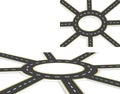 Six Roads, highway, roundabout, top view and perspective view with shadow. Two-lane roads with the same marking at an