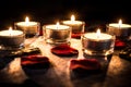 Six Romantic Tealights On Slate With Rose Petals And Leafs Royalty Free Stock Photo