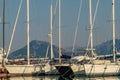 Six sailboats in a harbor Royalty Free Stock Photo
