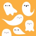 Six scary white ghosts. Happy Halloween. Flying ghost spirit set. Cute cartoon kawaii spooky character. Smiling Sad face, eyes, Royalty Free Stock Photo