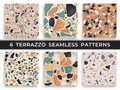 Six seamless terrazzo patterns. Hand crafted and unique patterns repeating background. Granite textured shapes in