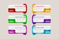 Six separate multicolored rectangular elements with numbers, thin line icons and place for text.
