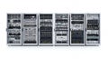 Six Server Racks with Complex Internal Components on a White Background Showing Data Center Hardware Infrastructure for Royalty Free Stock Photo