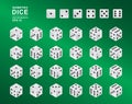 Six sided Isometric Dice. Vector illustration of white cubes with black pips in all possible turns on green checkered background