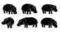 Set of Six Black Silhouette Hippos on White Background Royalty Free Stock Photo