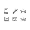 Six simple line icons. Top row: closed book with a bookmark, pencil, graduation cap. Royalty Free Stock Photo