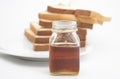 Six slices of bread with honey and honey dipper isolated on white studio background Royalty Free Stock Photo