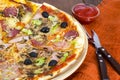 Six slices of pizza with different toppings on wooden board Royalty Free Stock Photo