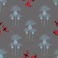 Six spot burnet butterfly seamless vector pattern background. Day flying moth with knapweed dark gray backdrop. Scottish Royalty Free Stock Photo