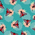 Six spot burnet butterfly seamless vector pattern background. Day flying moth on scabious flower. Blue Scottish coastal