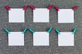 Six square tags with clothespins attached Royalty Free Stock Photo