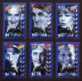 Six stamps with portraits of famous french actors of the past