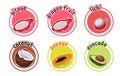 Six stickers with different fruits. Dragon fruit, lichi, coconut. papaya and avocado.