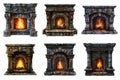 Six Stone Fireplaces with Burning Flames