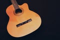 Six-string acoustic guitar on a dark brown background. Classical Spanish guitar. Musical instrument. Place for text Royalty Free Stock Photo