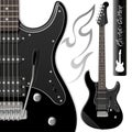 A very detailed illustration of a six-string black electric guitar