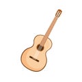 Six-stringed acoustic guitar from wood. Wooden classic music instrument with hole, fretboard and frets. Colored flat