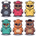 Six stylish cartoon bears, dressed hip hop fashion sunglasses hats. Cartoon bears wearing urban