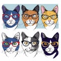 Six stylish cats wearing colorful glasses, their unique fur patterns trendy eyewear. Hipster