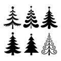Collection of six stylized black christmas tree silhouettes with stars Royalty Free Stock Photo