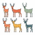 Six stylized deer illustrations showcasing various colors patterns, deer stands upright