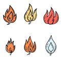 Six stylized flames various colors, cartoon fire collection set, flame has unique shapes designs Royalty Free Stock Photo