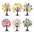 Six stylized trees, unique color scheme leaf pattern. Vector art autumn trees multicolored leaves