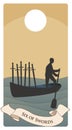 Six of swords. Silhouette of person rowing in the distance, in a boat on the sea, carrying six swords