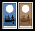 Six of swords. Silhouette of person rowing in the distance, in a boat on the sea, carrying six swords