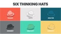 Six thinking hats concept diagram is illustrated into infographic presentation vector. The picture has 6 elements as colorful hats