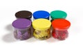 Six Colored Thumbtack Boxes Royalty Free Stock Photo