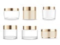 Six transparent and golden cosmetic packages ready for our design.