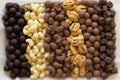 Six types of chocolate covered nuts in vertical rows