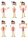 Six types of gestures and facial expressions of a masked man wearing glasses and a short-sleeved shirt and tie