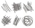 Six unique, abstract scribbled shapes are arranged in different orientations showcasing a variety of line styles and textures. The