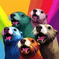 Vivid Pop Art Illustration: Group Of Otters In Rainbow Background