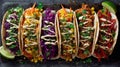 Six Vibrant Vegan Tacos with Fresh Toppings Royalty Free Stock Photo