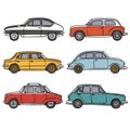 Six vintage cars side view, classic automobiles collection. Different colors retro vehicles