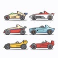 Six vintage race cars vector illustration isolated white background. Colorful classic sports cars
