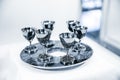 Six vodka shot glasses, made of steel, with a printed pattern in the form of tree roots Royalty Free Stock Photo