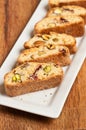 Six, warm, freshly baked, homemade cranberry, Pistachio, white chocolate biscotti