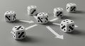 Six white dice displaying black arrows and dots are arranged on a gray surface. The Royalty Free Stock Photo