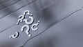 Six White Question Mark put on a Grey Metallic surface with small hard waves and soft reflections Royalty Free Stock Photo