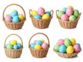 Six wicker baskets filled with colorful easter eggs isolated on white background Royalty Free Stock Photo