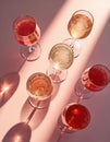 Six wine glasses on pink surface. Glasses contain different types of sparkling wine. Sunlight reflects on surface, creating Royalty Free Stock Photo