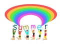 Six women jumped off the floor in their hands, raising the letters `summer` with a rainbow on top.