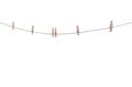 Six wood clothes pegs patterns hanging on brown string isolated on white background , clipping path Royalty Free Stock Photo