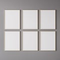 Six wooden vertical frame mockup on gray wall. 3d render.